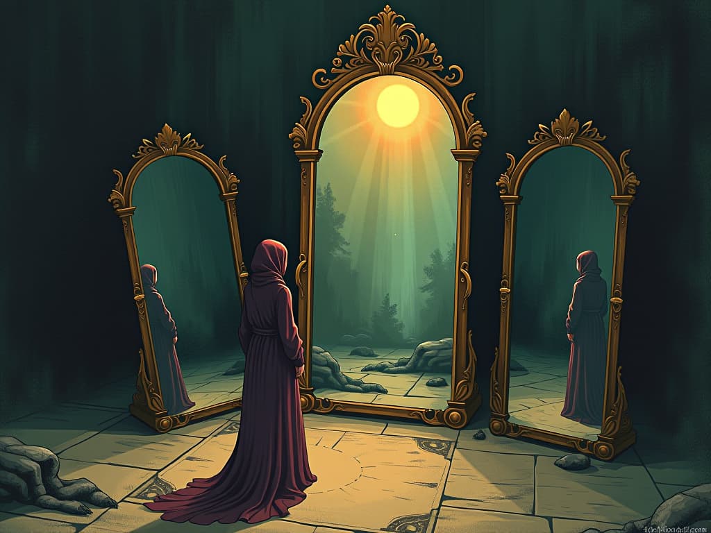  mirror reflecting serene and positive environment, natural light, harmonious, uplifting atmosphere. an illustration in the style of a worn, mystical old tarot trump card, mysterious and elements of surrealism. the colors are muted, somber and eerie, but with contrast bring out an occult and esoteric vibe.