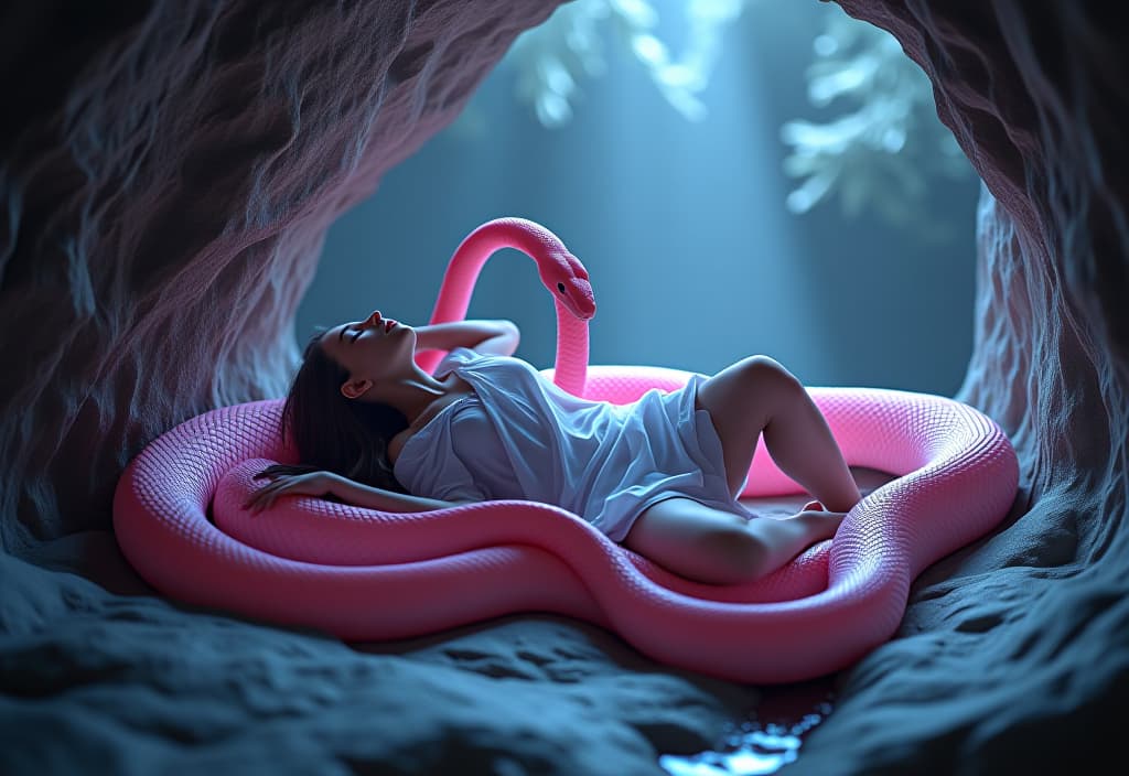  dreamscape in a cozy cave a beautiful and gentle elf in a transparent white blue short tunic makes love to a big, long, graceful, elegant and silver bright pink snake. the elf lies on her back, the snake dances on her body. the elf grabs the snake's body. the snake actively wrinkles the elf hugs the snake's body and es the snake the snake is big and long, it wraps around the elf's entire body. perfect snakeskin. perfect elf skin . surreal, ethereal, dreamy, mysterious, fantasy, highly detailed hyperrealistic, full body, detailed clothing, highly detailed, cinematic lighting, stunningly beautiful, intricate, sharp focus, f/1. 8, 85mm, (centered image composition), (professionally color graded), ((bright soft diffused light)), volumetric fog, trending on instagram, trending on tumblr, HDR 4K, 8K