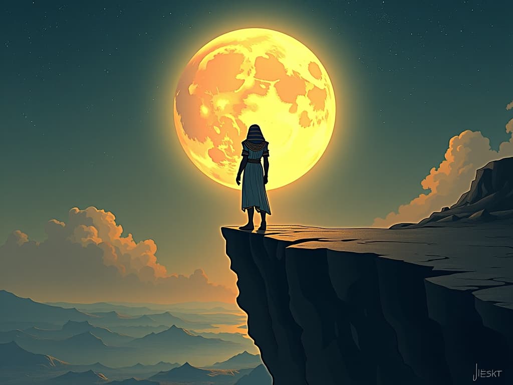  a person standing on a cliff edge, full moon above, glow of new potential surrounding them, atmosphere of facing change fearlessly. the style is digital art illustration / modern comic book / mysterious occult, symbolic, esoteric vibe,high detail on character design, incorporating ancient egyptian symbology and attire.