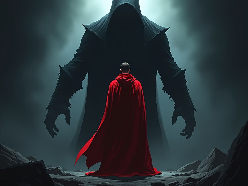  man in red robes, standing in shadows, confronting their past, presence of a towering shadow. the style is digital art illustration / modern comic book / graphic dark novel fantasy and mysterious occult, symbolic, moody lighting, esoteric vibe,high detail on character design. for the color scheme emphasize blacks and reds.