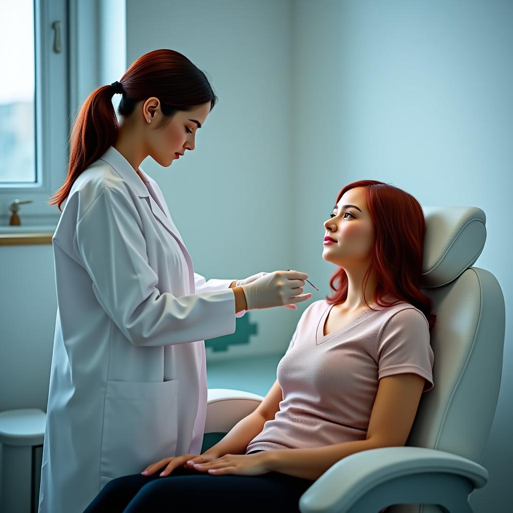  a with dark red hair in a white medical coat is standing next to a gynecological chair, taking swab samples from a woman.