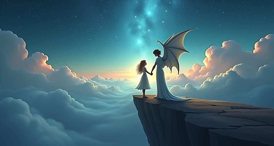  two ethereal beings, one angelic and one draconic, standing hand in hand on a cliff edge overlooking a vast, trembling landscape. the ground below emits powerful shockwaves, symbolizing the overwhelming impact of their reunion. the sky above is filled with bright, cascading stars.. the style is digital art illustration,highly detailed, whimsical,magical, dreamlike atmosphere, realism and fantasy blend, smooth, glossy textures,luminous quality, wonder and enchantment.