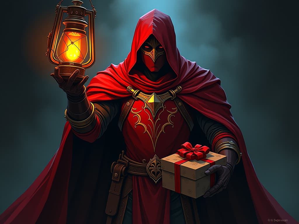  guardian figure in red armor holding a lantern, illuminating hidden strings attached to gifts, vigilance in eyes. the style is digital art illustration / modern comic book / graphic dark novel fantasy and mysterious occult, symbolic, moody lighting, esoteric vibe,high detail on character design. for the color scheme emphasize blacks and reds.