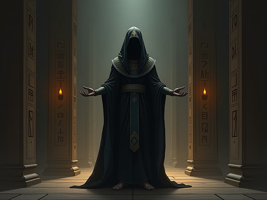  a lone figure resembling an egyptian high priest, shrouded in dark, ornate robes, standing in a shadowy temple, their face showing anguish, symbolic hieroglyphs glowing on the walls, representing intense emotional release.. the style is digital art illustration / modern comic book / mysterious occult, symbolic, esoteric vibe,high detail on character design, incorporating ancient egyptian symbology and attire.