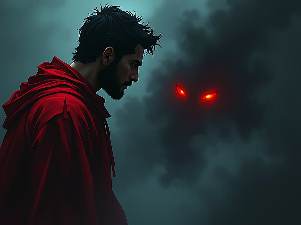  individual in red robes, looking into eyes of another with intensity, backdrop of swirling mists, reminder of moral failure. the style is digital art illustration / modern comic book / graphic dark novel fantasy and mysterious occult, symbolic, moody lighting, esoteric vibe,high detail on character design. for the color scheme emphasize blacks and reds.