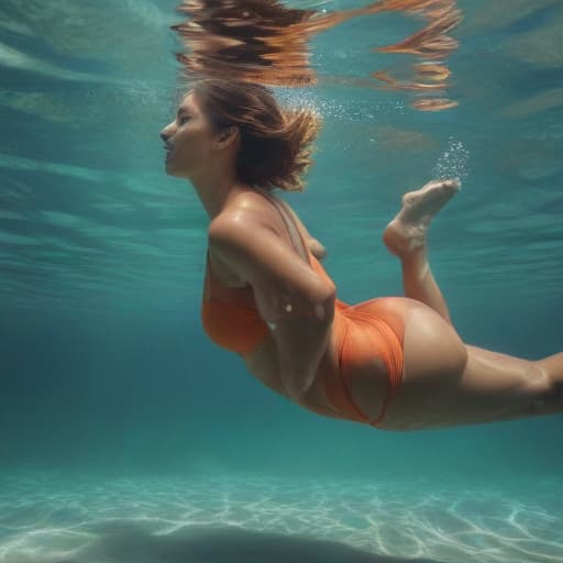 tanned woman with giant booty in swimsuit floundering underwater. in full growth