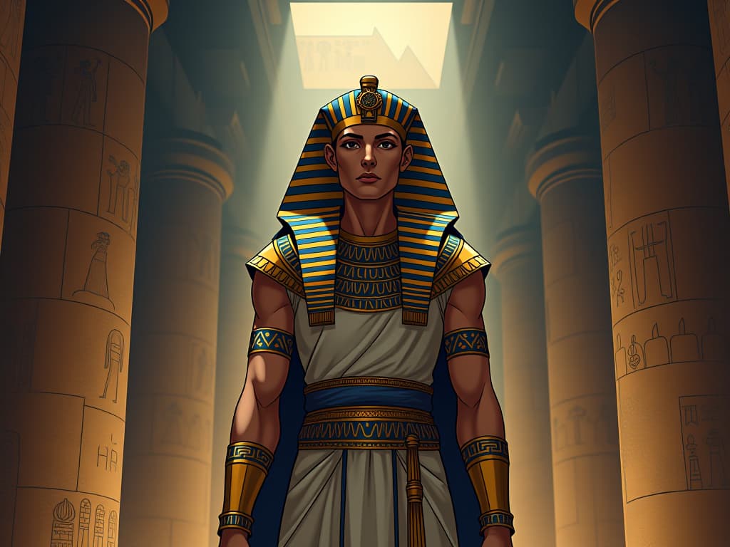  pharaoh in a traditional headdress, standing tall in an ancient temple, tranquil expression, soft light highlighting hieroglyphs on the walls, air of quiet strength. the style is digital art illustration / modern comic book / mysterious occult, symbolic, esoteric vibe,high detail on character design, incorporating ancient egyptian symbology and attire.