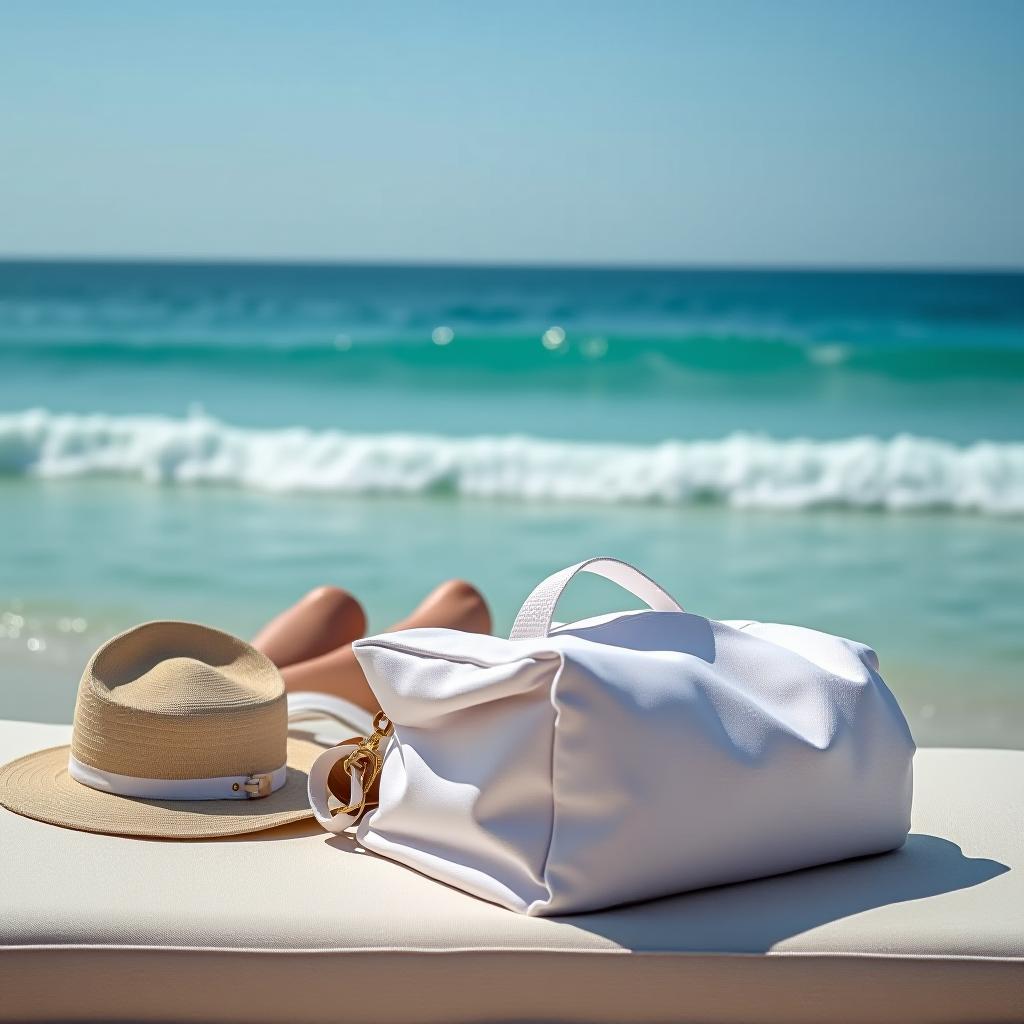  the sea, waves, relaxation, and on the sunbed lies a paid white bag.