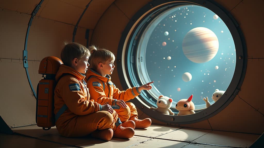  professional detailed photography, children in homemade space suits sitting in a cardboard spaceship. stars, planets and alien creatures surround them. one of the children controls the ship, while another looks out the window with delight, pointing at the amazing space. ar 16:9, (muted colors, dim colors, soothing tones), (vsco:0.3)