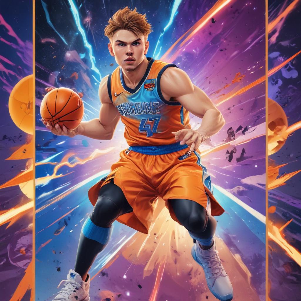 distance-shot, flashy, full-body, dynamic, holographic, animated cartoon poster of luka doncic in the style of dragon ball super