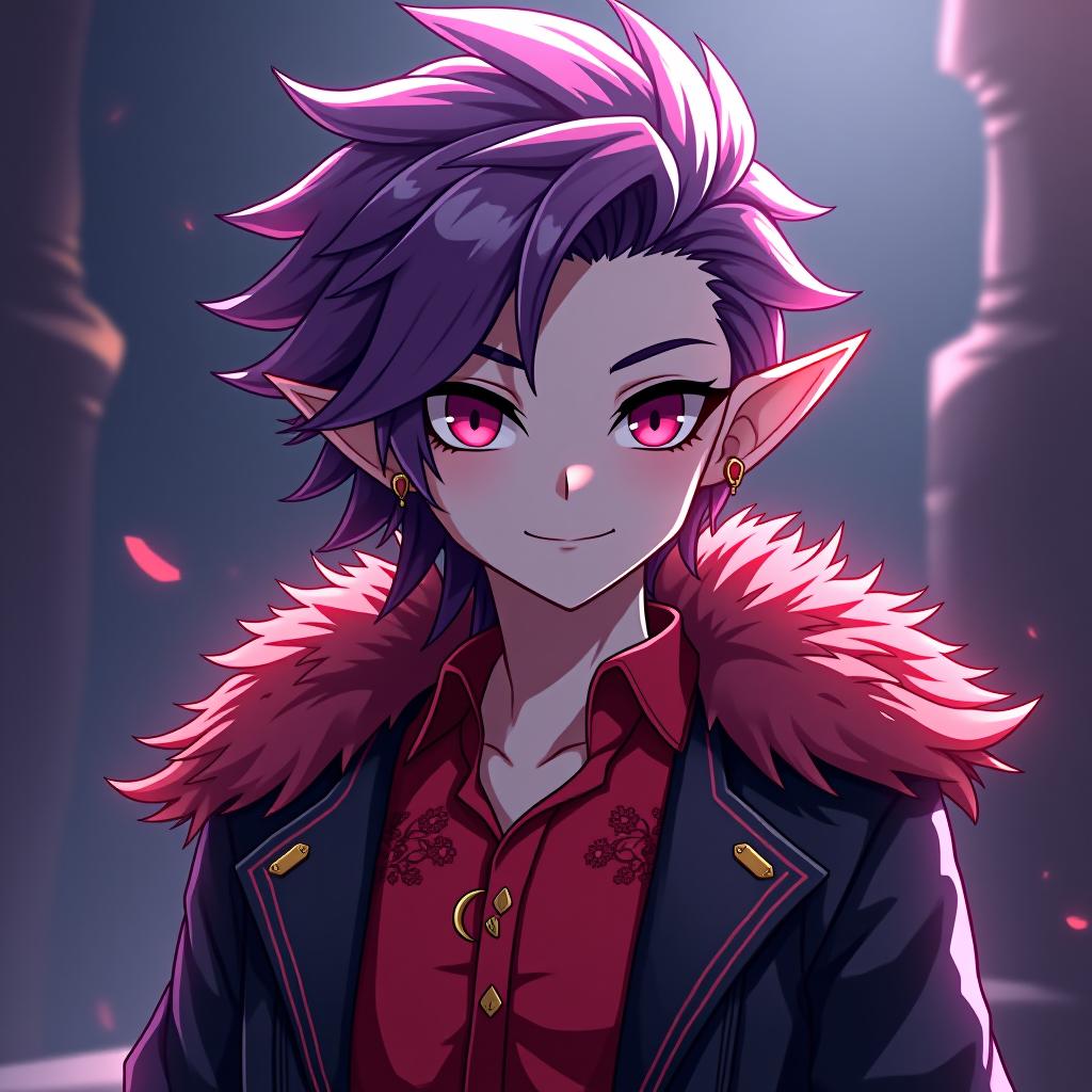  kawaii style dark elf male rock performer marble white skin, purple scarlet hair, lavender eyes with a red tint, dressed in a red violet shirt embroidered with red gold over the shirt wears a leather coat with a fur collar of dark scarlet, hairstyle in the style of hedgehog hair. an earring in the right ear, in the shape of a month. the crescent moon tattoo . cute, adorable, brightly colored, cheerful, anime influence, highly detailed hyperrealistic, full body, detailed clothing, highly detailed, cinematic lighting, stunningly beautiful, intricate, sharp focus, f/1. 8, 85mm, (centered image composition), (professionally color graded), ((bright soft diffused light)), volumetric fog, trending on instagram, trending on tumblr, HDR 4K, 8K