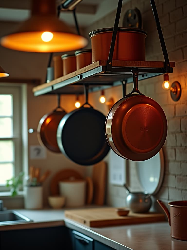  high quality portrait photo of an upcycled ladder hanging from the ceiling of a farmhouse kitchen, used as a pot rack with cast iron skillets and copper pots, warm ambient lighting hyperrealistic, full body, detailed clothing, highly detailed, cinematic lighting, stunningly beautiful, intricate, sharp focus, f/1. 8, 85mm, (centered image composition), (professionally color graded), ((bright soft diffused light)), volumetric fog, trending on instagram, trending on tumblr, HDR 4K, 8K