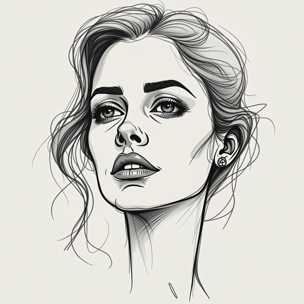  sketch of a woman's face, expressive line work, in the style of beautiful portraits, include the finest details, full face in view.