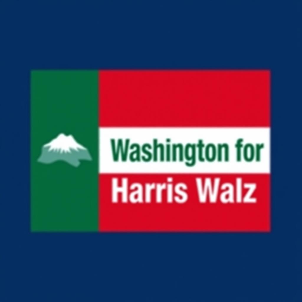  a design inspired by the washington state flag. the left side features a green vertical stripe with mt. rainer in the center. the right side is divided into two horizontal sections: the top section is white with the text 'washington for' in bold, green, uppercase letters, and the bottom section is red with the text 'harris walz' in bold, white, uppercase letters. the overall layout is clean and straightforward, with a clear and patriotic color scheme of blue, white, and red.