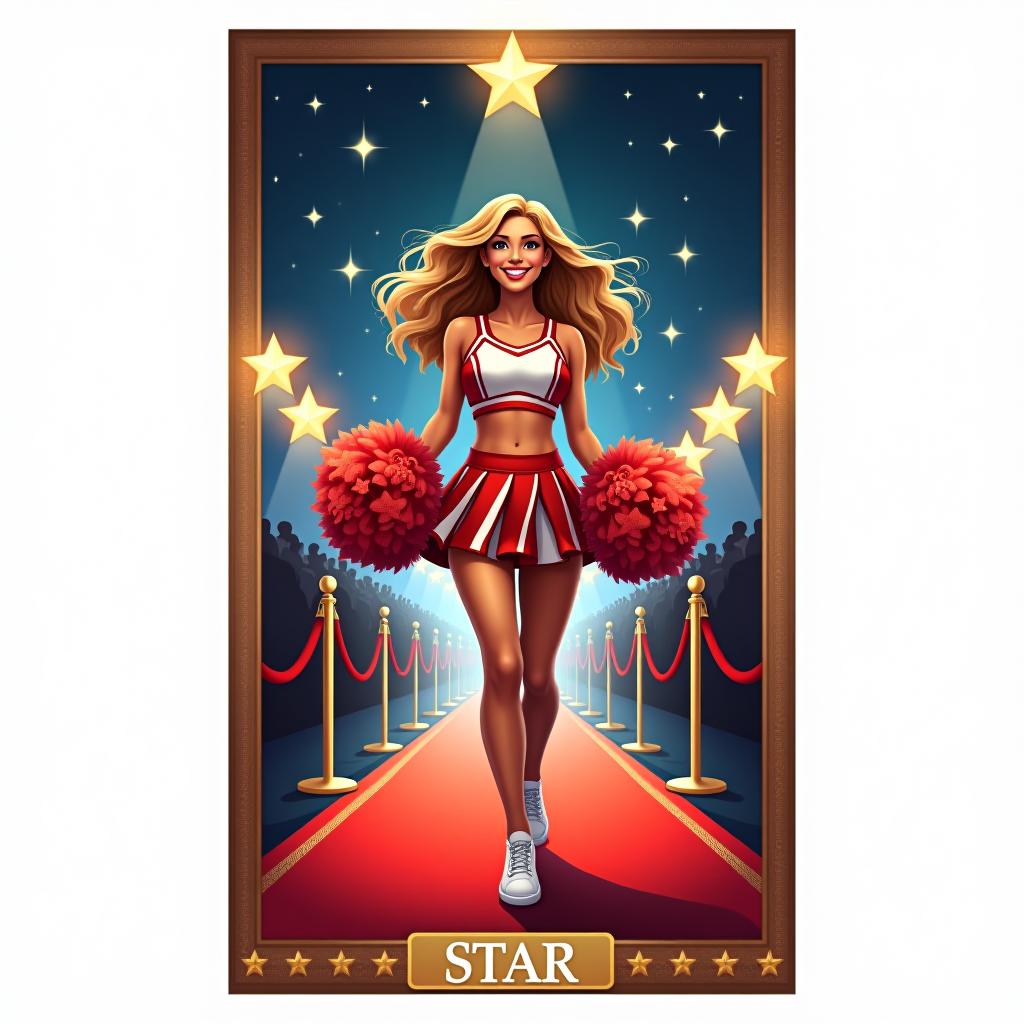  concept art light seer's tarot card by chris ann featuring cheerleader. written on the frame around the picture is its name: "star " the cheerleader is the center of attention, smiling broadly as she walks down the red carpet. spotlights shine around her, highlighting her star status. "she's holding pom poms, and her costume is sparkling. the background is a night sky with bright stars symbolizing hopes and dreams. . digital artwork, illustrative, painterly, matte painting, highly detailed hyperrealistic, full body, detailed clothing, highly detailed, cinematic lighting, stunningly beautiful, intricate, sharp focus, f/1. 8, 85mm, (centered image composition), (professionally color graded), ((bright soft diffused light)), volumetric fog, trending on instagram, trending on tumblr, HDR 4K, 8K