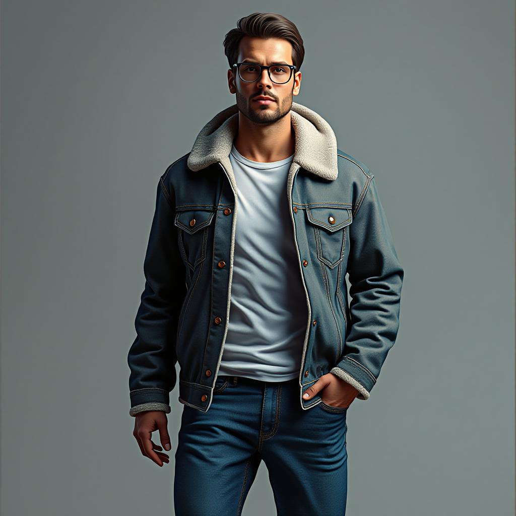  professional 3d model men's fashion illustration, casual clothes, denim and transpsrenze. octane render, highly detailed, volumetric, dramatic lighting