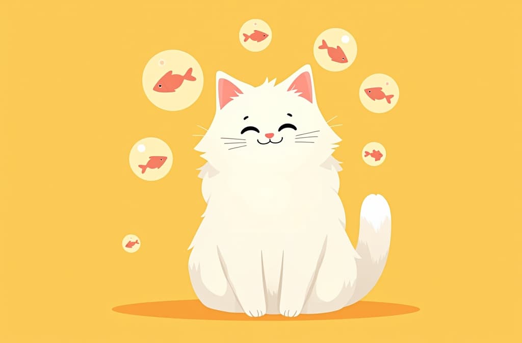  flat illustration, flaticon, (illustration:1.15), fluffy white cat , sitting on left side, (right side is empty for text), smiling cat looking at camera, cartoon drawn circles with fishes inside circles flying around cat head, yellow pastel solid background ar 3:2, [cory loftis, strobist, pascal campion :: 0.2]