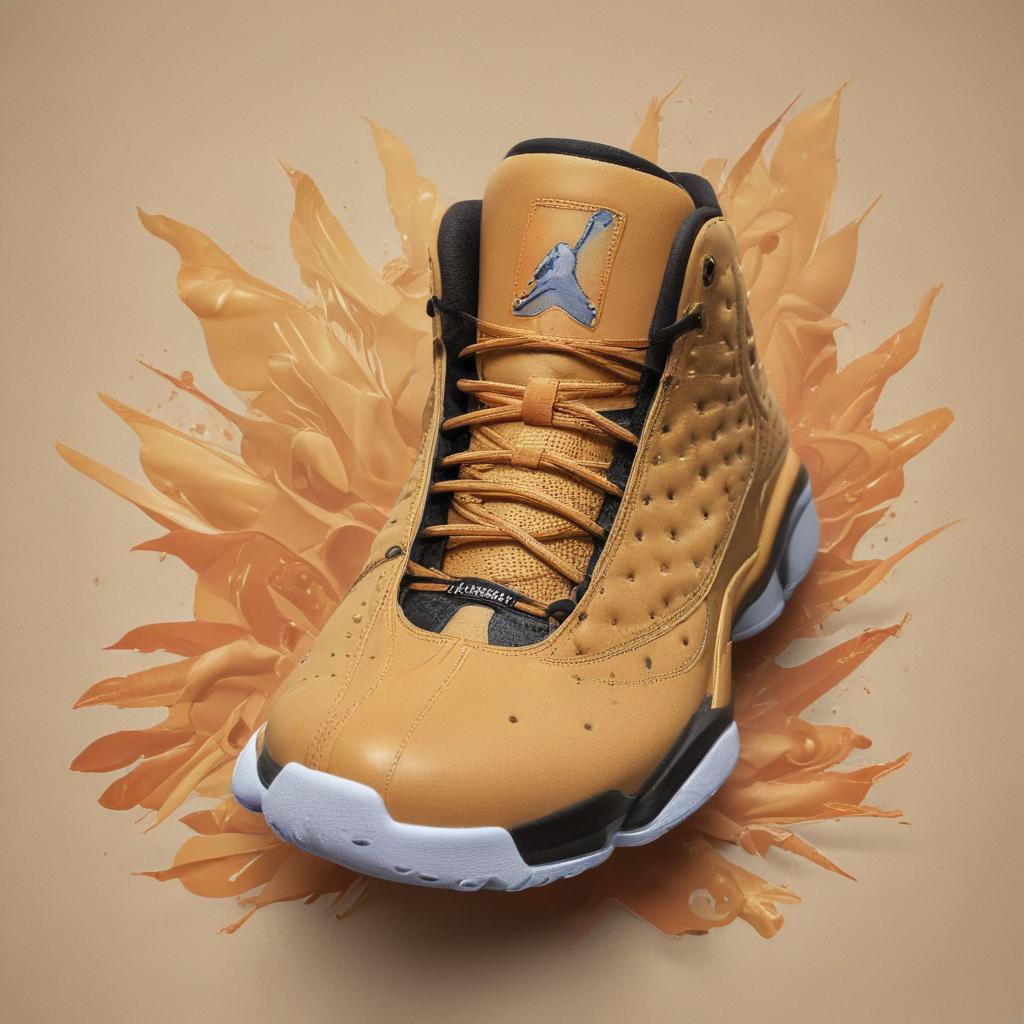 distance-shot, flashy, full-body, dynamic, holographic, animated cartoon poster of jordan 13 wheat shoes in the style of dragon ball super