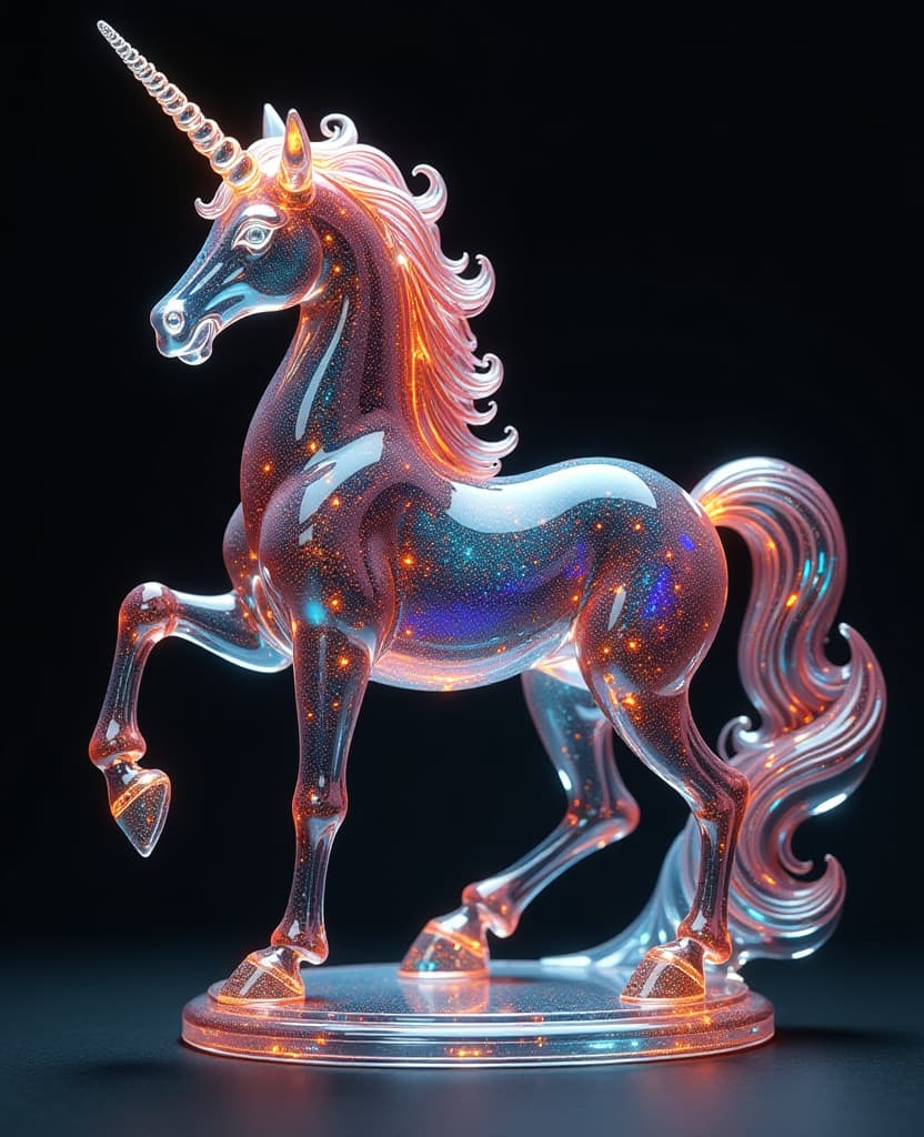  digital image. a statue made of multicoloured glass. middle ground. concept art. transparent glass statue of a graceful full length unicorn. fantasy, mysticism. crystallised, with elements of copper wire edging:: openwork, filigree. with luxurious mane and twisted horn, graceful legs. transparent, consisting of many fine multicoloured veins and stars, sparks, which present an amazing, fascinating spectacle: shining, shimmering and sparkling, shimmering. intricate interlacing of veins, curls, almost psychedelic ornamentation, (liquid flowing drops and splashes of sparkling gemstones: 1,2). luminescence. ornament. stylistics: rococo, surrealism, fairy tale, fantasy. dynamic and expressive. on a dark textured background, with a dance of light,