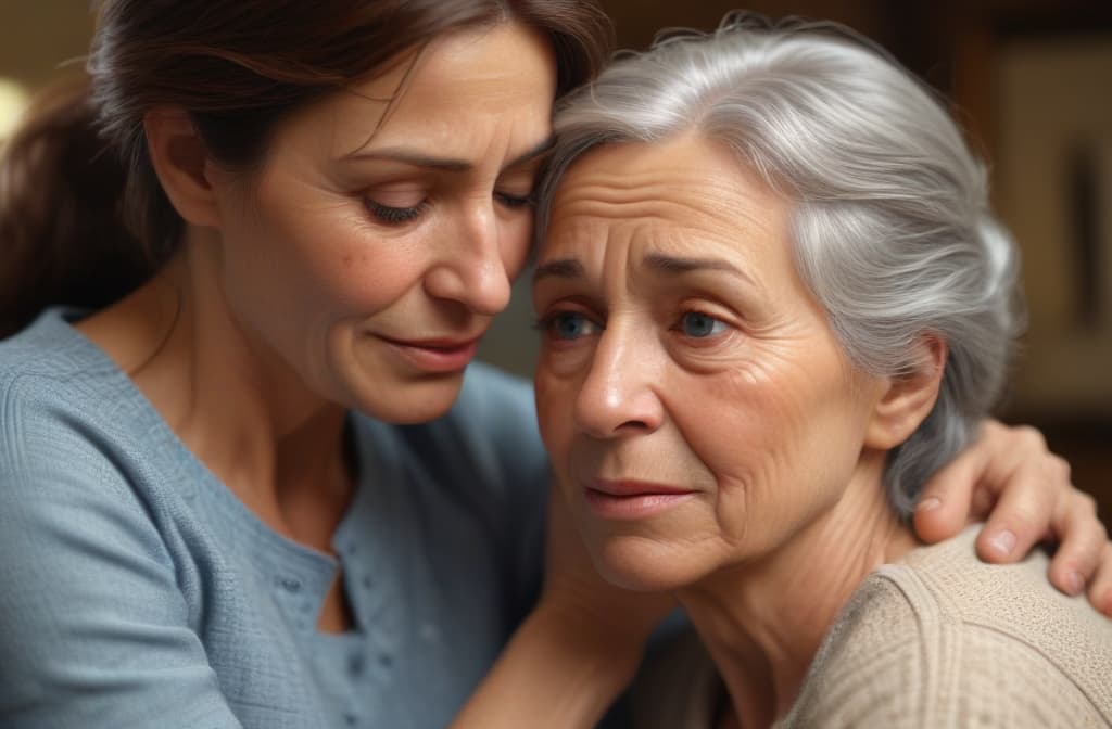 Mother comforting age --ar 3:2 high quality, detailed intricate insanely detailed, flattering light, RAW photo, photography, photorealistic, ultra detailed, depth of field, 8k resolution , detailed background, f1.4, sharpened focus