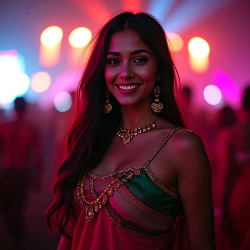  , 1woman in sari, rave festival, night, light rays, edc, rave, highres, lens flare, led, masterpiece, cinematic lighting, perfect skin, long vivid colorful hair, toned, cameltoe, breast focus, legs focus, lora:hd fc v1:1, happy face of indian woman, portrait hyperrealistic, full body, detailed clothing, highly detailed, cinematic lighting, stunningly beautiful, intricate, sharp focus, f/1. 8, 85mm, (centered image composition), (professionally color graded), ((bright soft diffused light)), volumetric fog, trending on instagram, trending on tumblr, HDR 4K, 8K