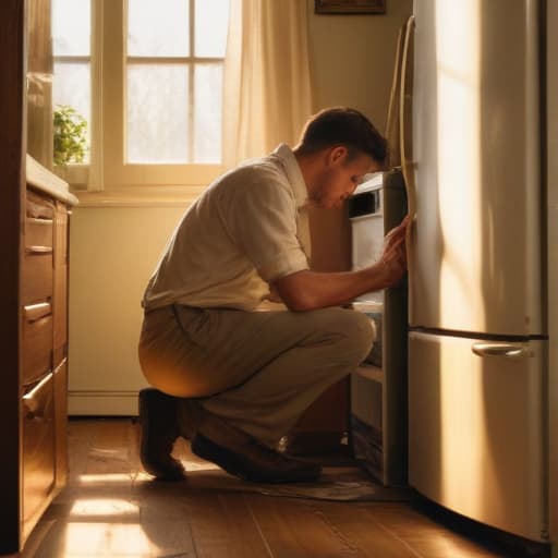 A photo of a skilled repair technician fixing a vintage refrigerator in a cozy, cluttered kitchen during the late afternoon golden hour with warm, soft sunlight streaming through the window, casting long shadows across the worn wooden floor.