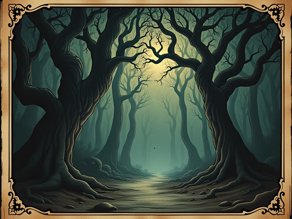  a dark, twisted forest with gnarled trees, shadows stretching, eerie mist rising from the ground, atmosphere of corruption, unsettling presence. an illustration in the style of a worn, mystical old tarot trump card, mysterious and elements of surrealism. the colors are muted, somber and eerie, but with contrast bring out an occult and esoteric vibe.