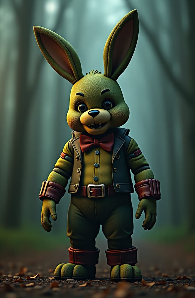  springtrap embarazado de bonnie hyperrealistic, full body, detailed clothing, highly detailed, cinematic lighting, stunningly beautiful, intricate, sharp focus, f/1. 8, 85mm, (centered image composition), (professionally color graded), ((bright soft diffused light)), volumetric fog, trending on instagram, trending on tumblr, HDR 4K, 8K