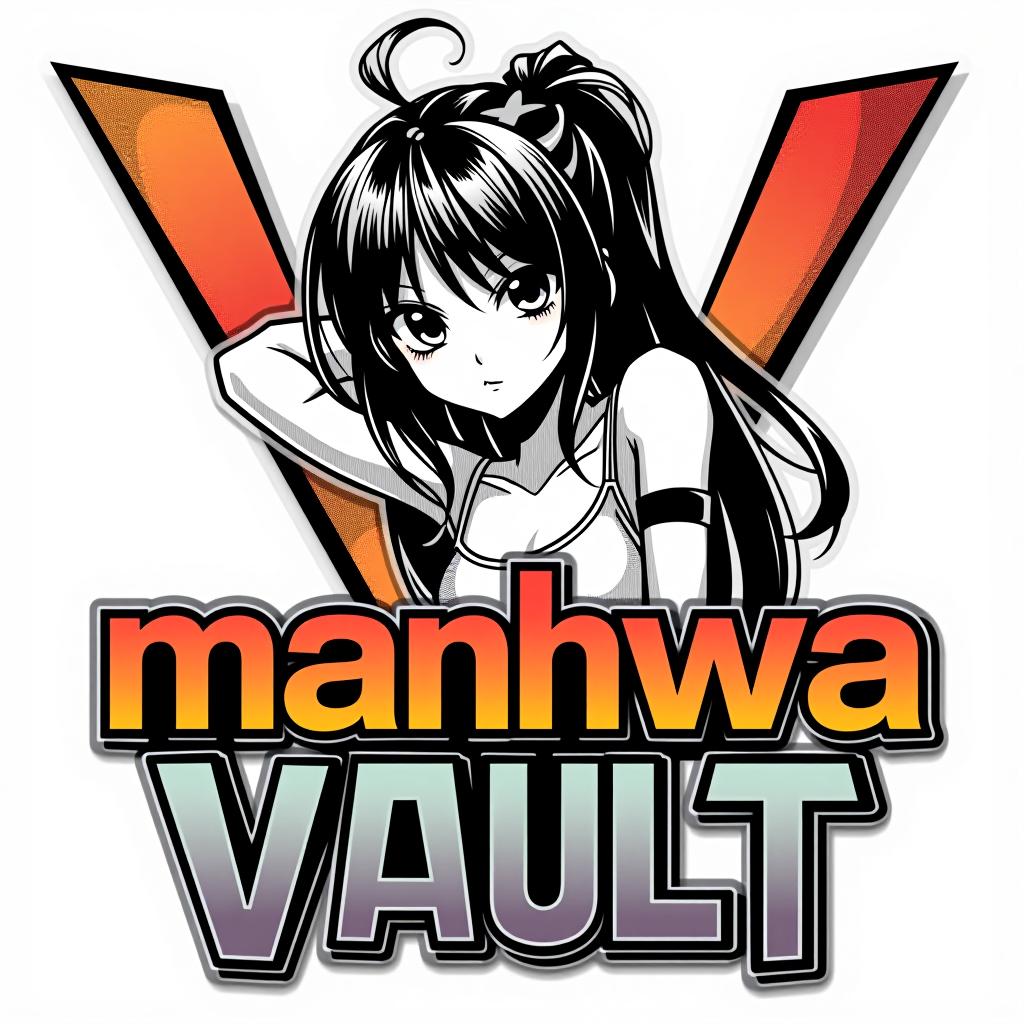  good quality, high quality, a manga style logo for "manhwa vault," featuring a black and white image of a hot manga style girl with detailed shading and dynamic lines. the text "manhwa vault" is in bold, colorful font with a gradient effect, contrasting against the monochrome illustration. the girl is leaning against the "v," adding a dynamic element to the design.