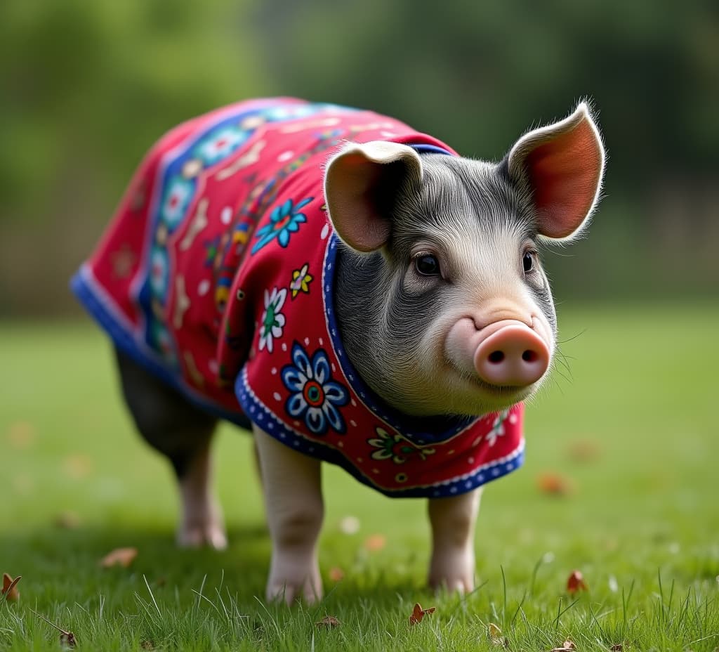  pig adorned in colorful traditional textile standing on grass in a serene outdoor setting