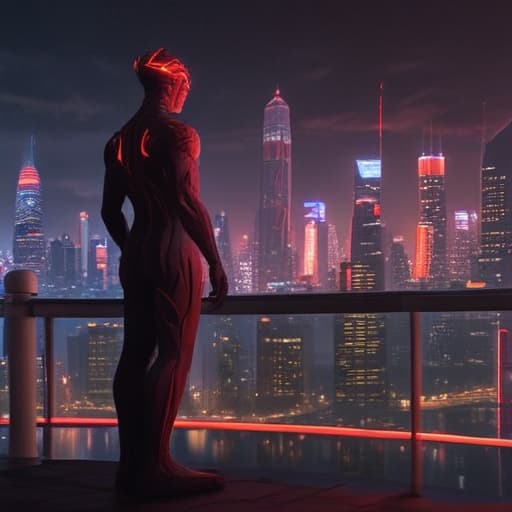 In a futuristic cityscape, a mysterious figure stands tall, their form constantly shifting and changing. The Xenophobic Shapeshifter exudes an aura of darkness, with glowing red eyes piercing through the shadows. With a wave of their hand, they alter their own Level, seamlessly adapting to the Levels of other monsters around them. The city below is filled with towering skyscrapers and neon lights, reflecting off the sleek, ever-changing surface of the shapeshifter. The scene is dynamic and full of movement, capturing the essence of this enigmatic and powerful being. fantastical creatures or characters inspired by mythology, folklore, or popular culture. use vibrant colors, sharp lines, intricate details, dynamic poses, dramatic lighting, at