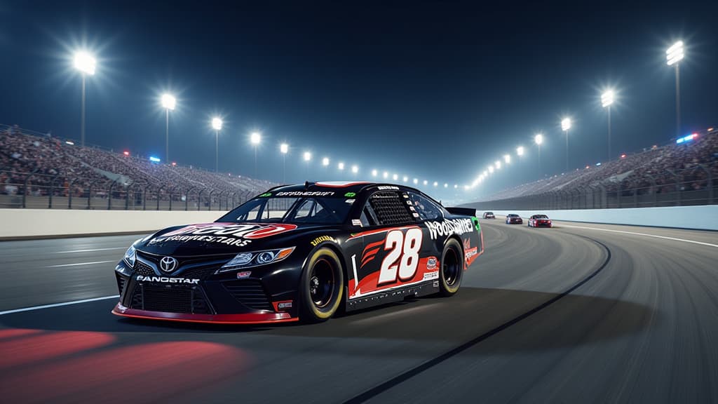  create an image capturing the intense moment of harrison burton's victory at nascar daytona. show burton's car speeding towards the finish line under the floodlights of daytona international speedway. include the wood brothers team logo prominently displayed on his car. depict the magical light illuminating the track and creating a dramatic atmosphere. show multiple cars in a chaotic scene, hinting at the multi car crashes that occurred during the race. highlight burton's triumphant expression a