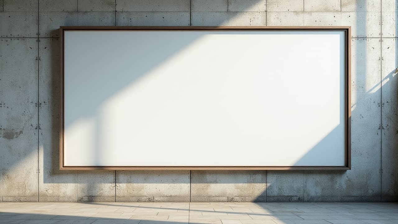  blank billboard on a weathered concrete wall with sunlight shining through., high quality, high details, hd, perfect composition, 4k epic detailed, highly detailed, sharp focus, high resolution