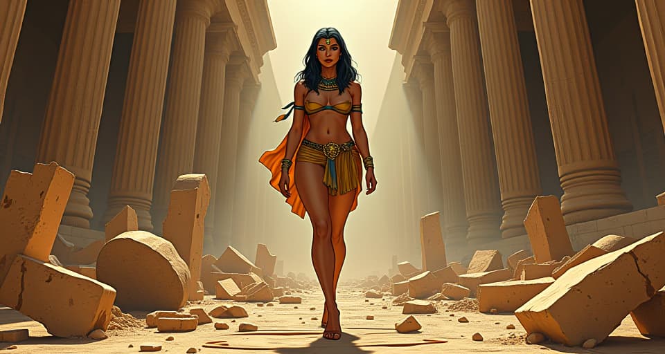  a shattered statue of an ancient pharaoh, pieces scattered on the ground, with a large busted woman in tight, sheer clothing standing defiantly amid the ruins, symbolizing where others would crumble. the style is digital art illustration / modern comic book / mysterious occult, symbolic, esoteric vibe,high detail on character design, incorporating ancient egyptian symbology and attire.