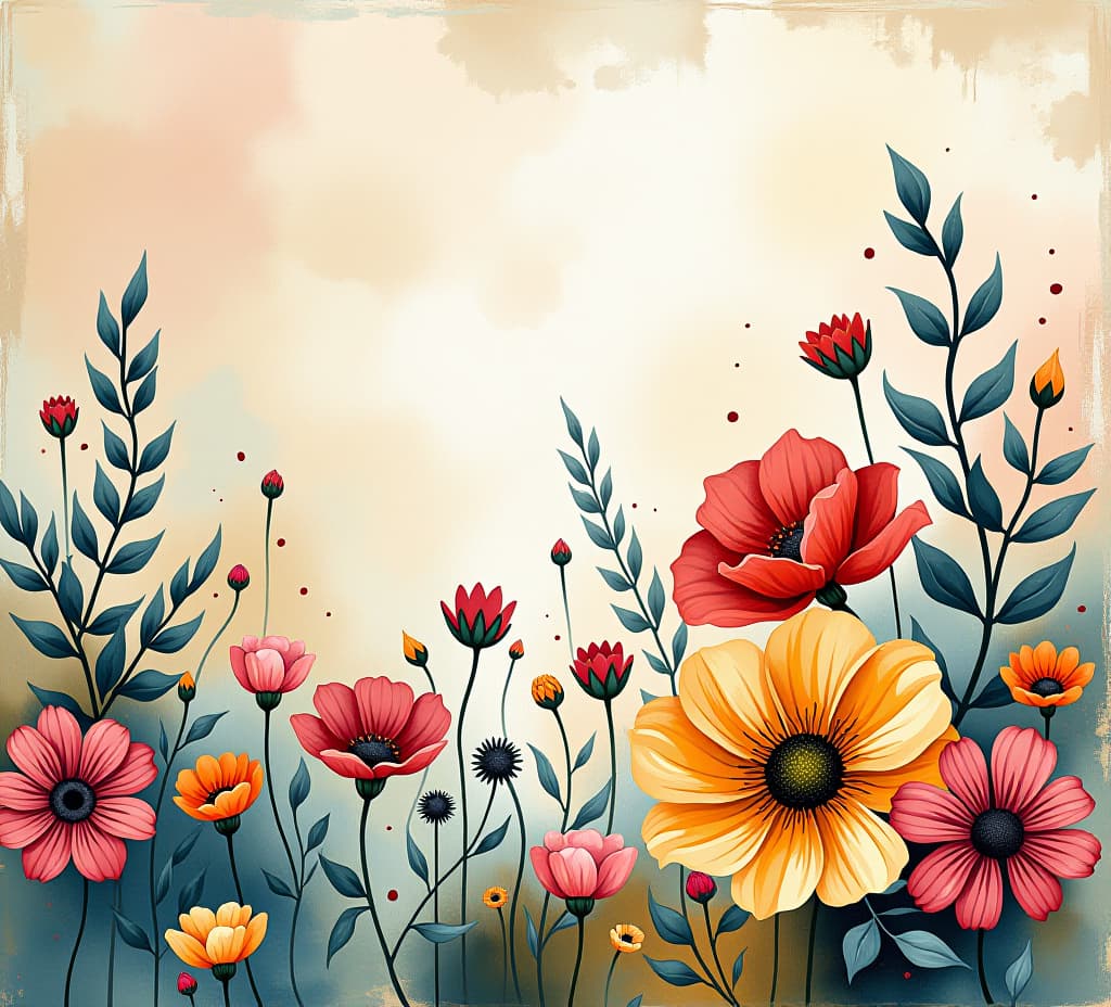  beautiful, bright, abstract painting in the grunge style. texture of paper. vibrant artwork. background of flowers and plants in watercolor