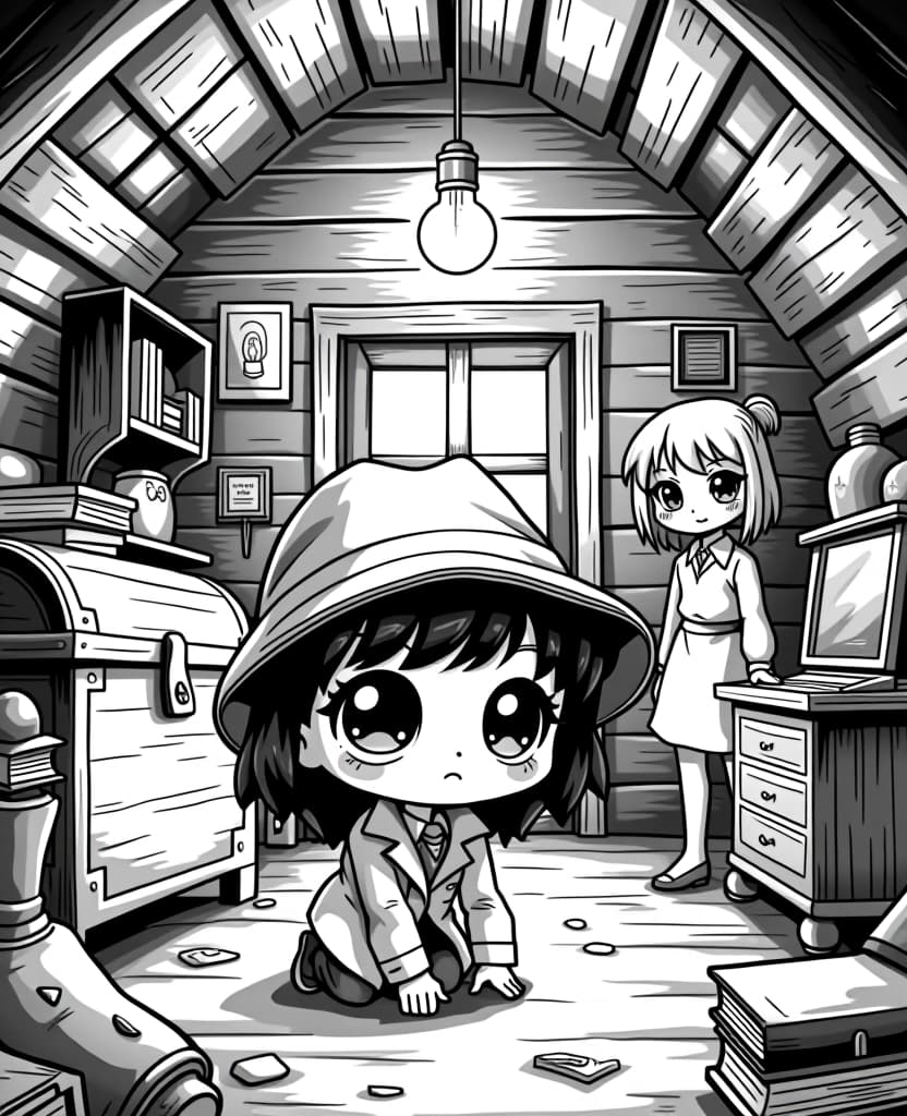  centered black and white high contrast line drawing, coloring book style,coloring book page of an adorable with big head and big eyes like lol surprise doll style, , creepy cute style a dark attic filled with old, dusty furniture, with a single lightbulb hanging from the ceiling. in the foreground, a detective in a chibi style is kneeling in front of a wooden trunk. the detective has a large head, round face, and enormous shiny eyes that take up almost half of the face, giving them an adorable and expressive look. the facial features are simplified with a small nose and mouth. the body is small and short, dressed in a clic detective outfit with a trench coat and hat. nearby, a woman stands looking anxious, also 