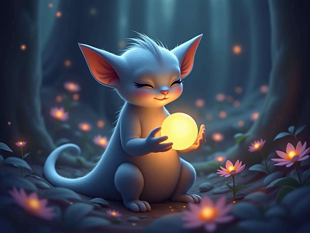  a mystical creature holding a glowing orb, symbolizing intuition, in a forest of glowing flora. the creature’s eyes are closed, emphasizing connection to inner wisdom. enchanted, serene, mystical.. the style is digital art illustration,highly detailed, whimsical,magical, dreamlike atmosphere, realism and fantasy blend, smooth, glossy textures,luminous quality, wonder and enchantment.