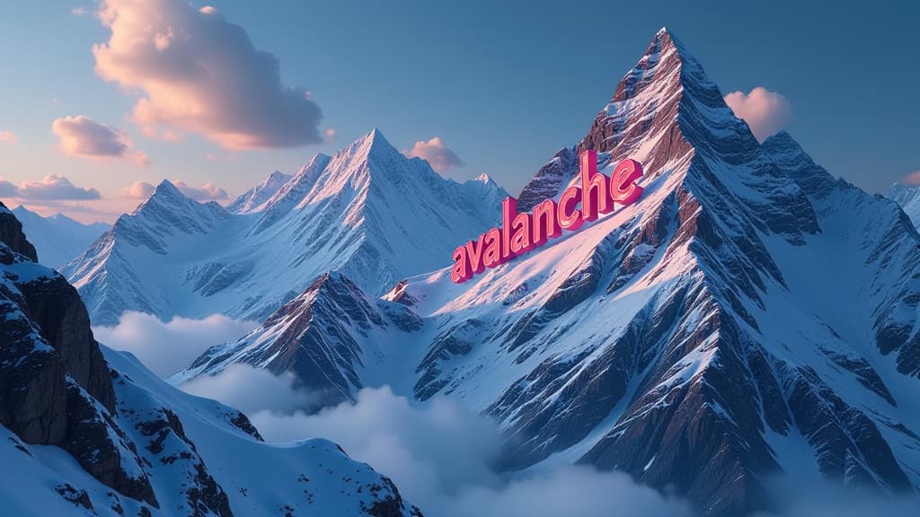  prompt: create an ultra realistic and detailed image of a dynamic financial landscape featuring a sharp and dramatic visualization of avalanche cryptocurrency's rise. show a mountainous terrain symbolizing the potential risks and rewards of the market, with the word "avalanche" prominently displayed in bold, crypto inspired typography. include visual elements like rising stock charts, digital currency symbols, and glowing data points to represent the current growth. incorporate logos of financia