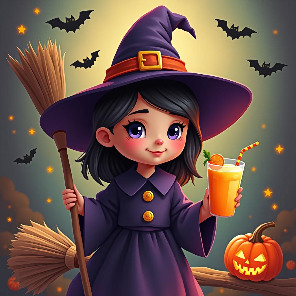  create a digital painting featuring a cute witch character. the witch should be wearing a hat. in one hand, the witch should hold a broomstick, and in the other hand, a halloween themed drink. the background should be colorful and include small black bats, pumpkins and stars to add a playful halloween touch. the overall style should be cute, whimsical, and colorful hyperrealistic, full body, detailed clothing, highly detailed, cinematic lighting, stunningly beautiful, intricate, sharp focus, f/1. 8, 85mm, (centered image composition), (professionally color graded), ((bright soft diffused light)), volumetric fog, trending on instagram, trending on tumblr, HDR 4K, 8K