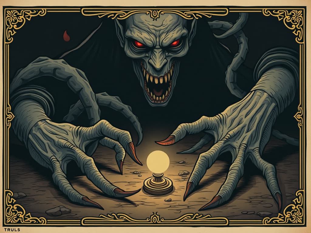  shadowy tentacles emerging from darkness, almost clutching at light, tension, lurking threat. an illustration in the style of a worn, mystical old tarot trump card, mysterious and elements of surrealism. the colors are muted, somber and eerie, but with contrast bring out an occult and esoteric vibe.