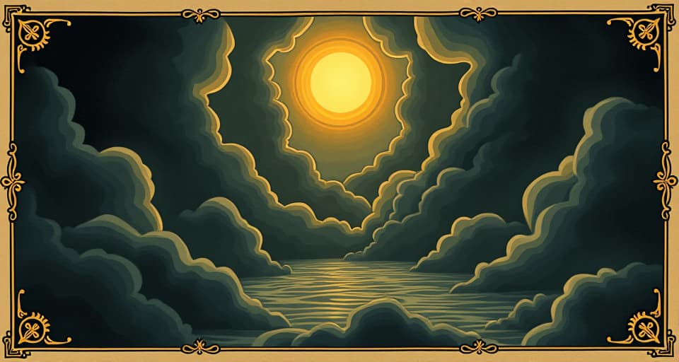  dark, suffocating clouds of negativity, surrounding a room, starting to recede under golden light, purifying energy. an illustration in the style of a worn, mystical old tarot trump card, mysterious and elements of surrealism. the colors are muted, somber and eerie, but with contrast bring out an occult and esoteric vibe.