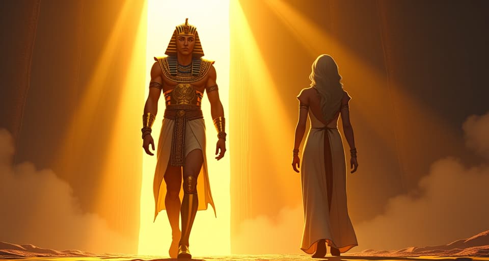  pharaoh in golden armor, stepping into sunlight, large busted priestess in silken robes behind, rays of light illuminating their path, aura of enlightenment and transformation. the style is digital art illustration / modern comic book / mysterious occult, symbolic, esoteric vibe,high detail on character design, incorporating ancient egyptian symbology and attire.