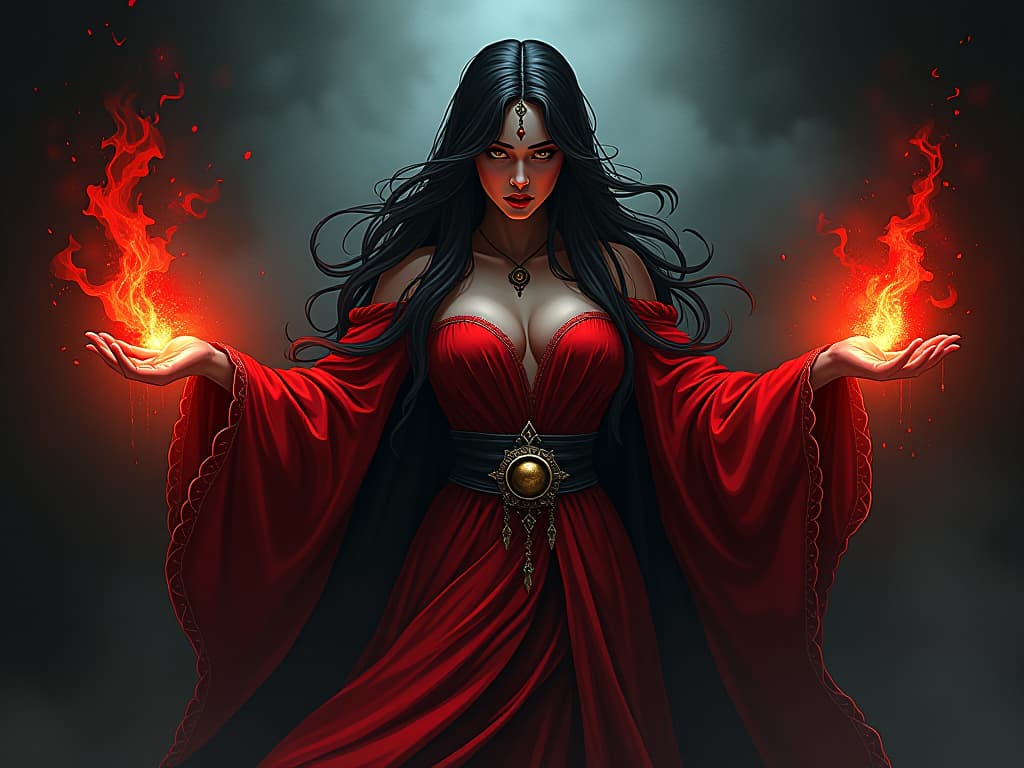  mysterious sorceress in red gown, conjuring magical energies with outstretched hands, sense of creation and mastery. the style is digital art illustration / modern comic book / graphic dark novel fantasy and mysterious occult, symbolic, moody lighting, esoteric vibe,high detail on character design. for the color scheme emphasize blacks and reds.