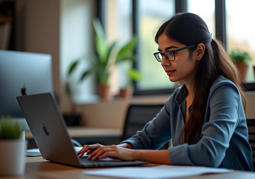  young female smart indian it developer programmer working with laptop in the office.