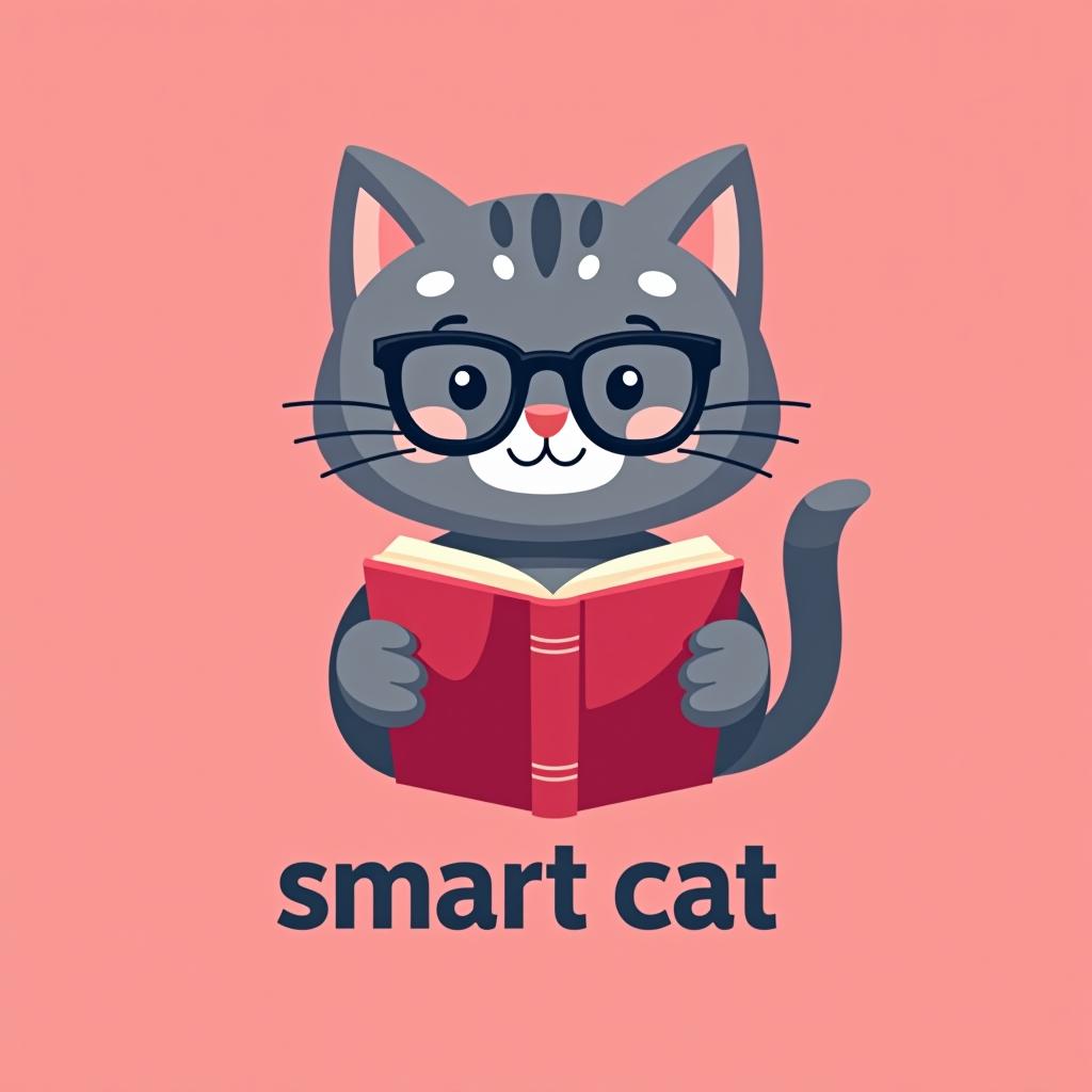  design a logo, a gray cat with white spots reading with some glasses, pink background , with the text 'smart cat'.