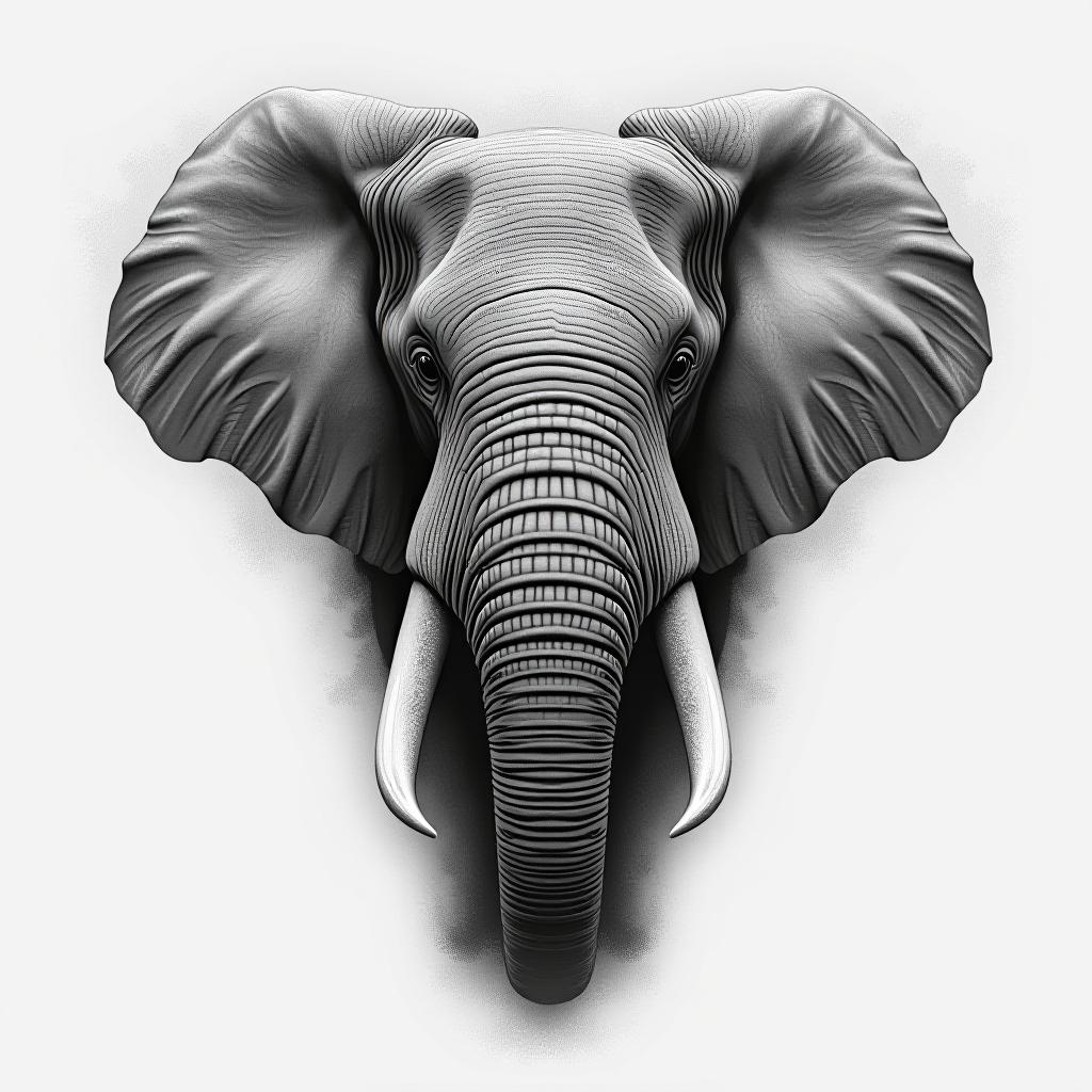  create a tattoo design with (minimalist style), realistic portrait of a majestic elephant with detailed texture, black and grey, gentle and wise, white background