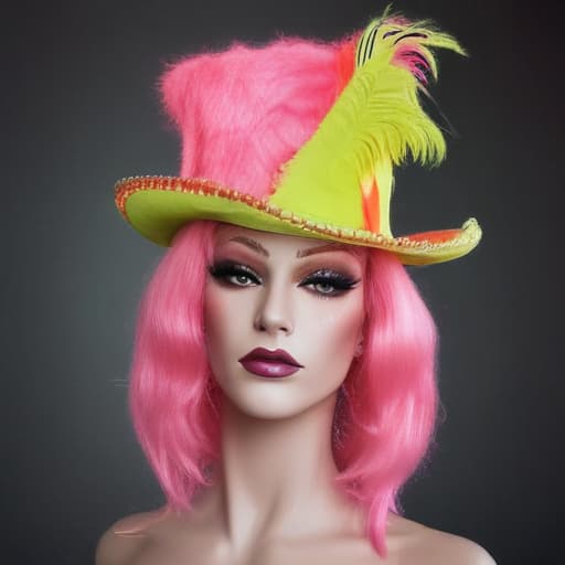 Drag queen flamingo chartreuse pink feathers cowboy magician top hat