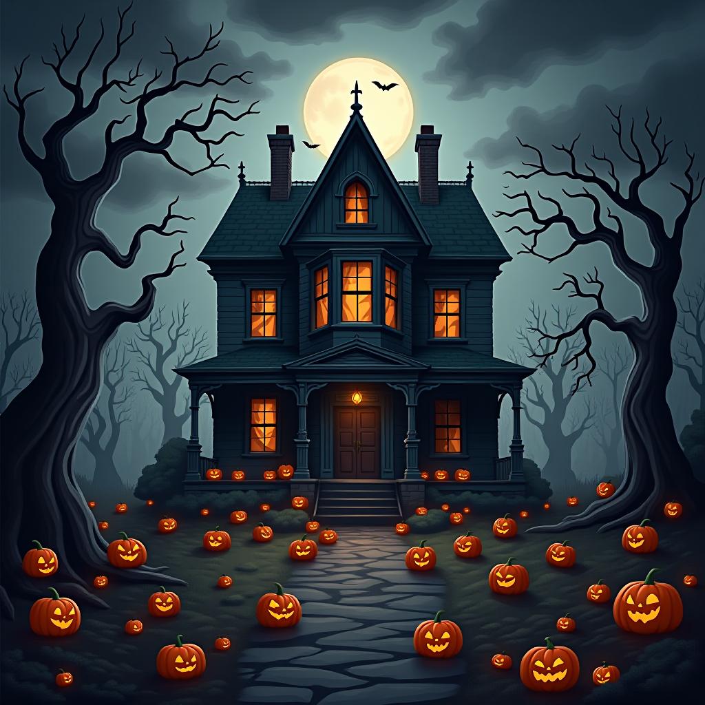  create a seamless digital painting of a spooky, halloween themed scene featuring a haunted house with gothic architecture. the house should be surrounded by twisted, gnarled trees and a multitude of jack o' lanterns. the scene should include a dark, cloudy sky to enhance the eerie atmosphere. the overall style should be detailed and atmospheric, capturing the essence of a haunted, creepy environment perfect for halloween, ensuring the design is seamless for use in repeating patterns or wraps.