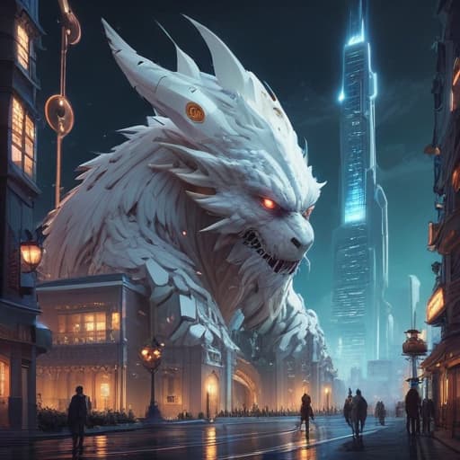 In the digital art style of Akina Fujiwara, create an image of "Cronomalia Città Bianca." The card features a futuristic cityscape with towering white buildings and glowing lights. Two "Cronomalia" monsters of level 6 stand in the foreground, their intricate designs adding to the overall aesthetic. The card text is subtly integrated into the architecture, giving the impression of a high-tech interface. Show the card surrounded by a soft, ethereal light, emphasizing its attribute of light. Capture the essence of mystery and power in this stunning digital artwork. fantastical creatures or characters inspired by mythology, folklore, or popular culture. use vibrant colors, sharp lines, intricate details, dynamic poses, dramatic lighting, atmos