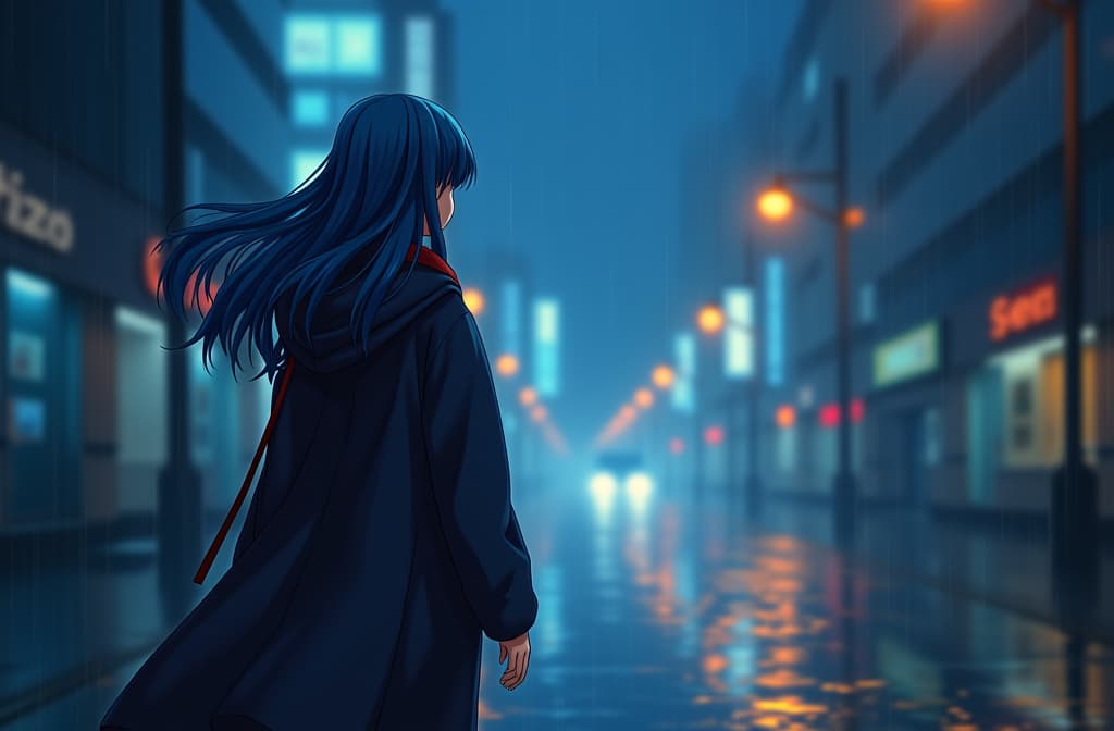  various information in the image, focusing on blue haired anime woman walking on rainy night, anime concept art by hayao miyazaki, featured on pixiv, fantasy art, concept art, official art, high detailed hyperrealistic, full body, detailed clothing, highly detailed, cinematic lighting, stunningly beautiful, intricate, sharp focus, f/1. 8, 85mm, (centered image composition), (professionally color graded), ((bright soft diffused light)), volumetric fog, trending on instagram, trending on tumblr, HDR 4K, 8K